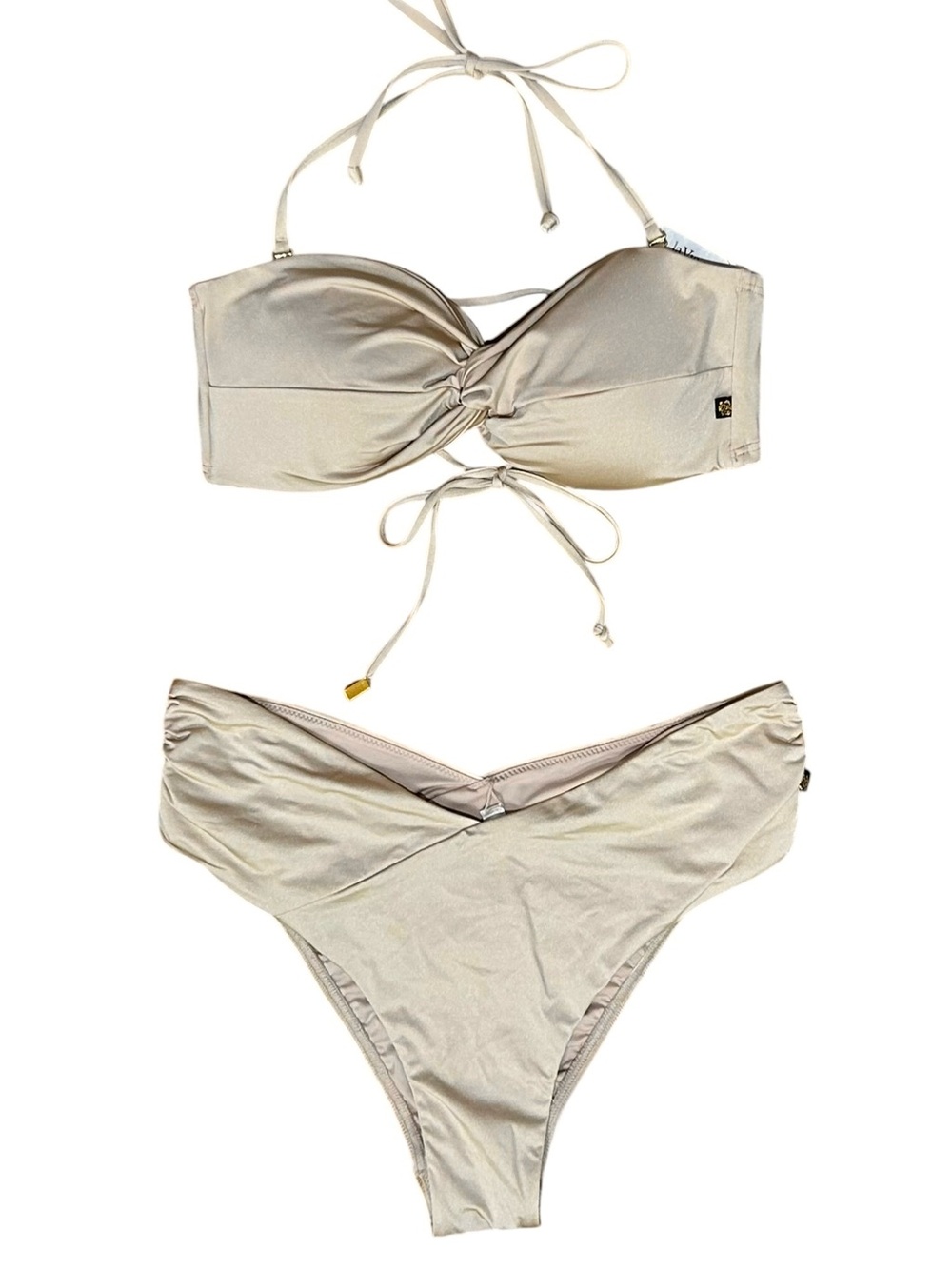 La Vie En Rose Twist Bandeau Halter Bikini Set in Beige Sz M